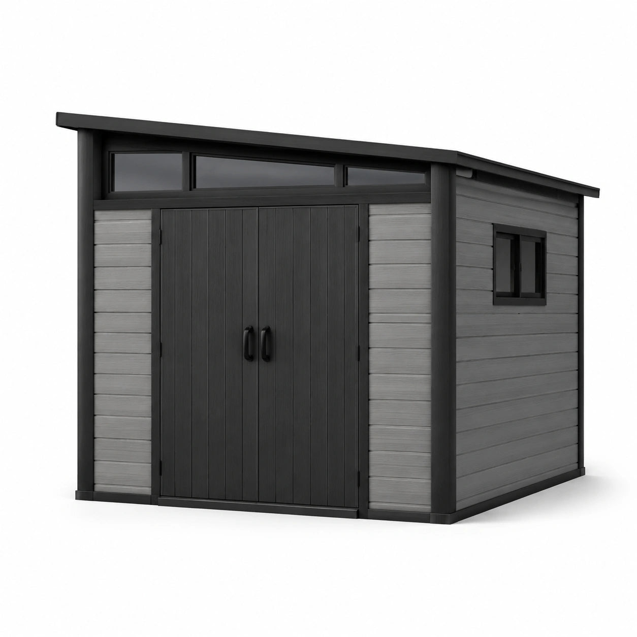 Abri de jardin en résine avec fenêtres et toit incliné noir et gris