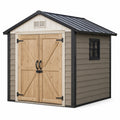 Abri de jardin en résine avec toit métallique noir, portes en bois