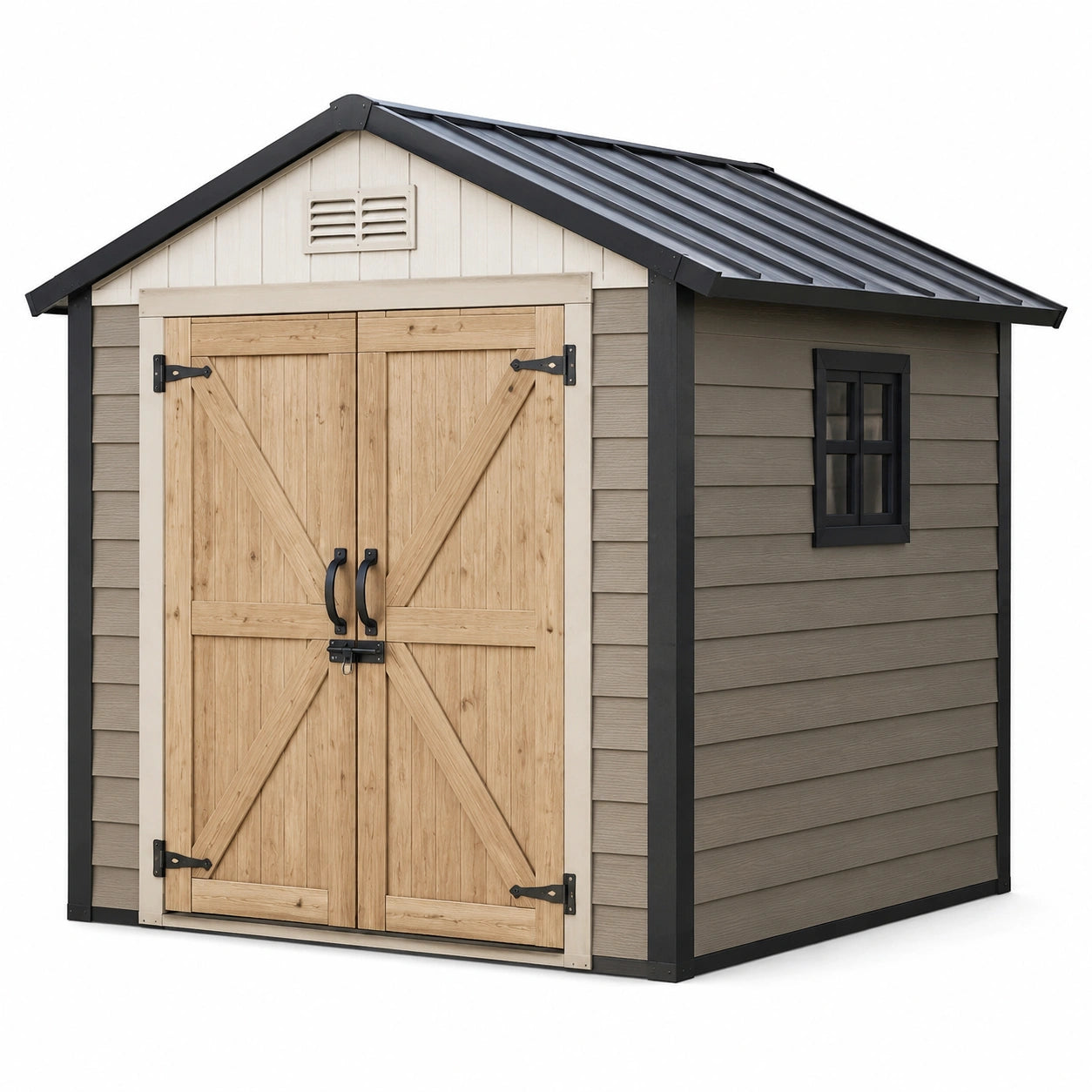 Abri de jardin en résine avec toit métallique noir, portes en bois