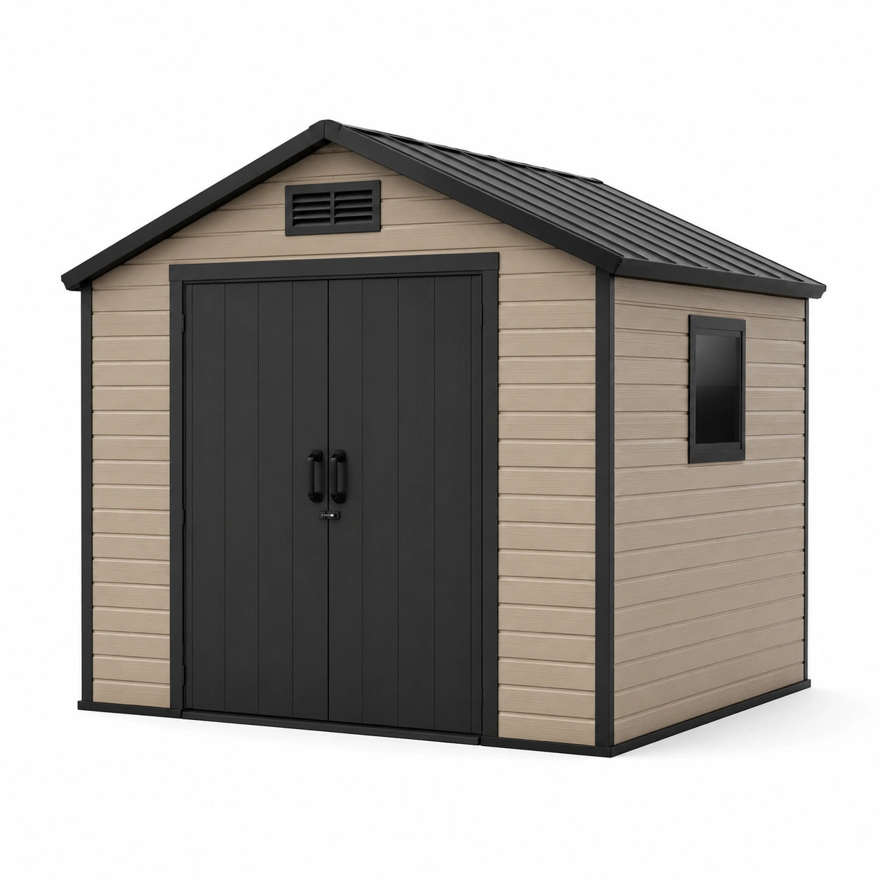 Abri de jardin en plastique beige/noir 230x230x252 cm avec porte double et fenêtre