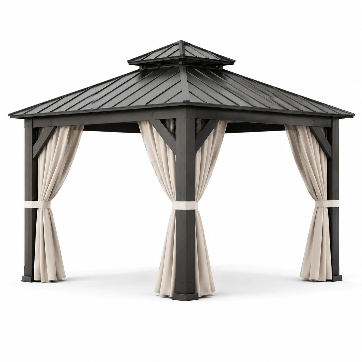 Pavillon de Jardin en Bois et Acier avec Rideaux en Polyester Écru