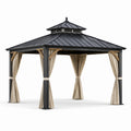 Pavillon de jardin en métal avec toit double 3x4m noir et beige, rideaux inclus