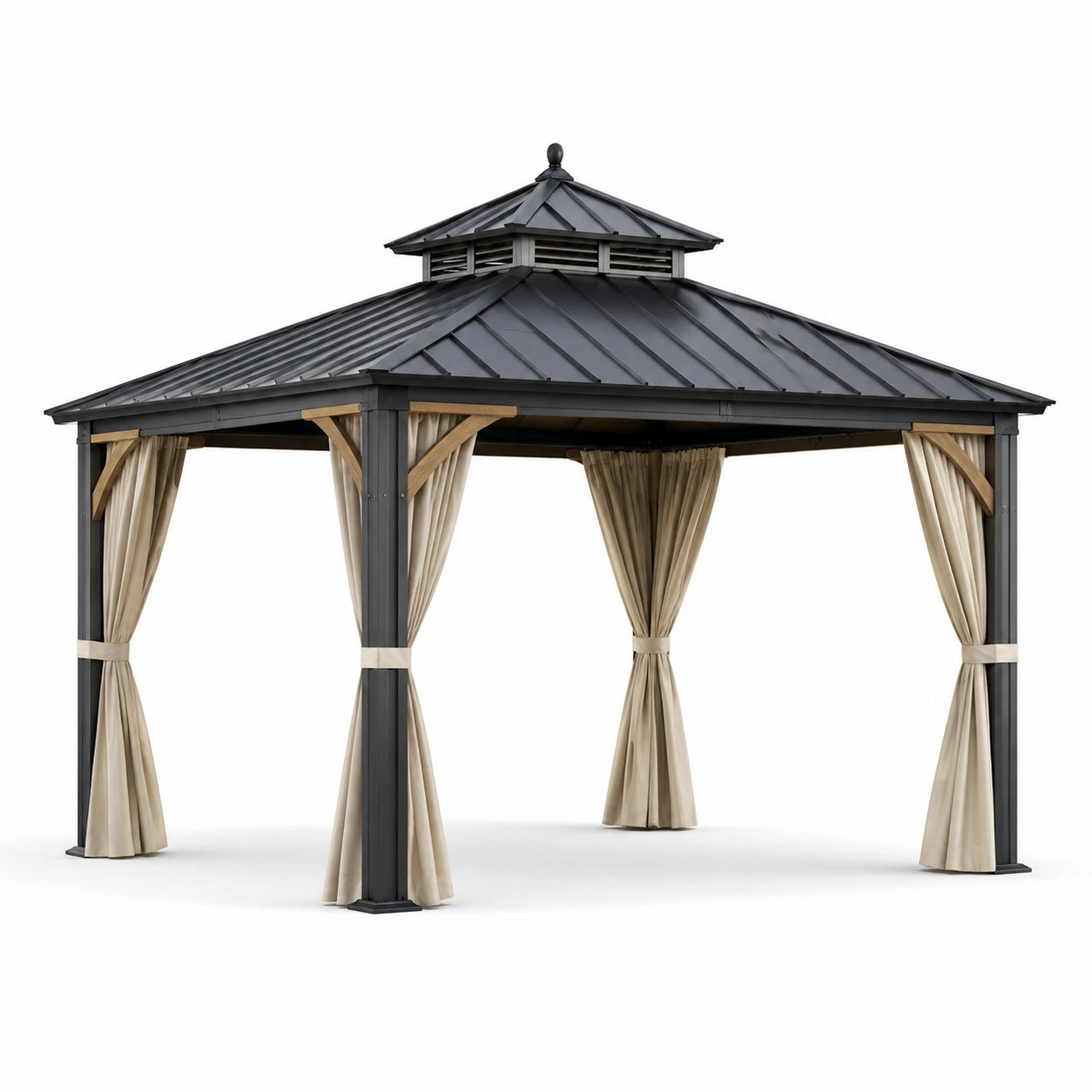Pavillon de jardin en métal avec toit double 3x4m noir et beige, rideaux inclus
