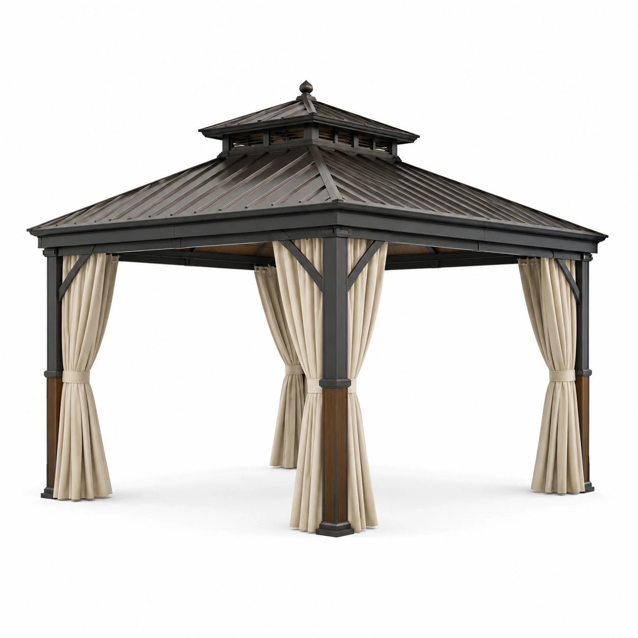 Pavillon en métal avec toit en acier et rideaux en polyester