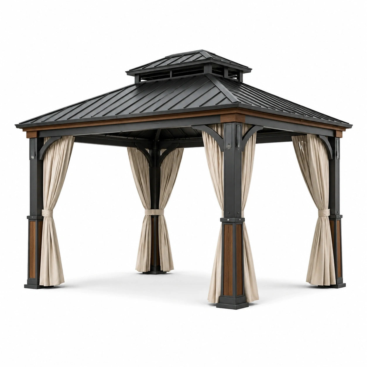 Pavillon en acier et aluminium noir avec rideaux en polyester beige 3x4m