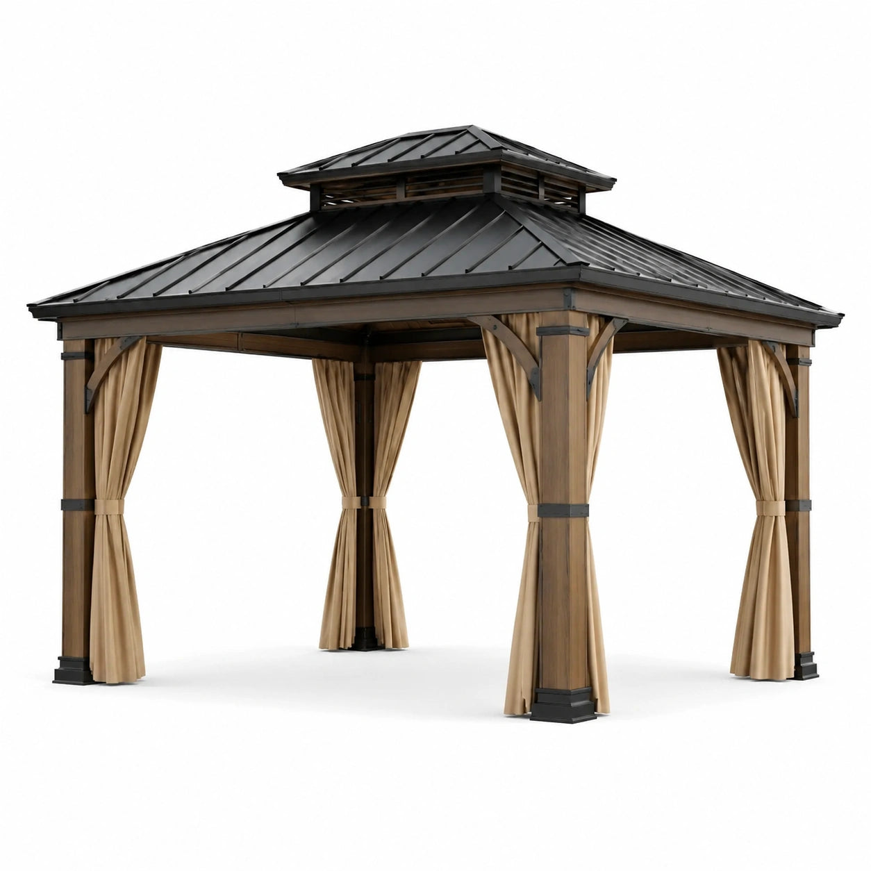 Pavillon en acier et aluminium avec rideaux en polyester beige 3x3 m