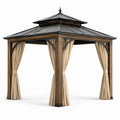Pavillon de jardin en métal et bois avec rideaux en polyester beige 300x400 cm