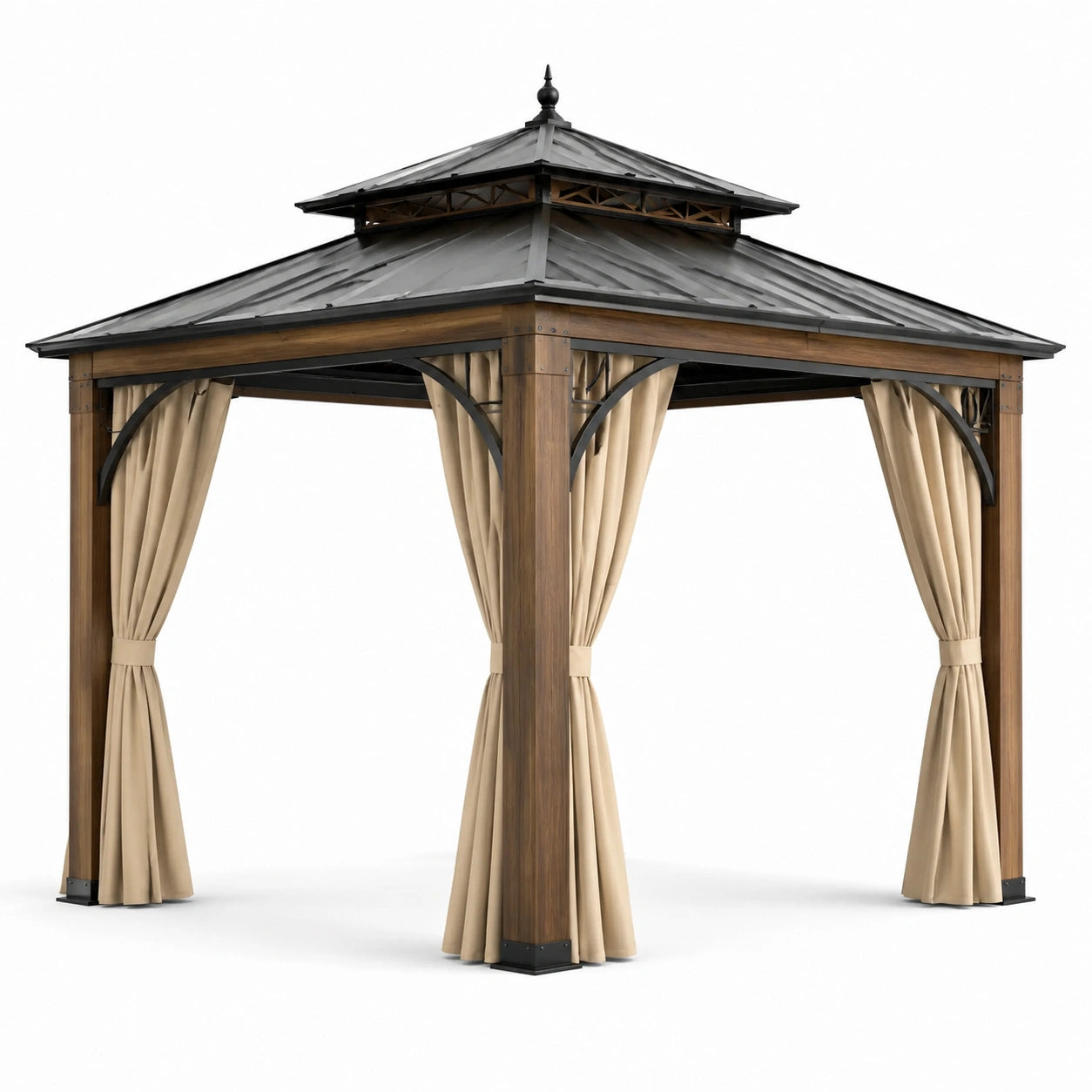 Pavillon de jardin en métal et bois avec rideaux en polyester beige 300x400 cm
