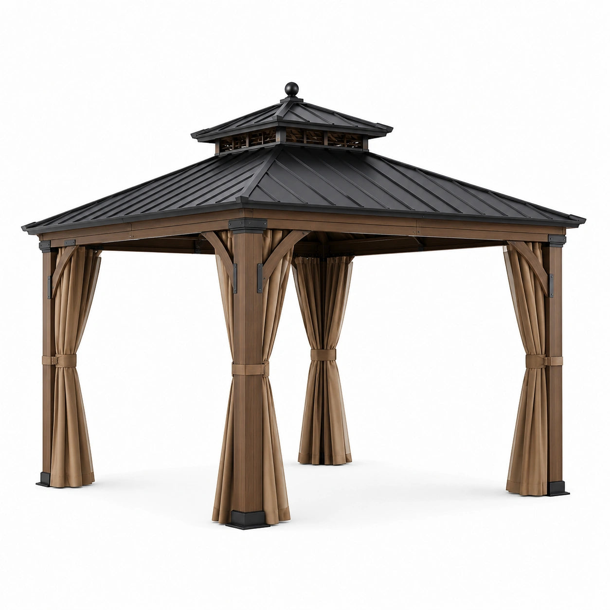 Pavillon en aluminium avec toit en acier et rideaux en polyester