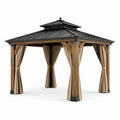 Pavillon en bois et métal avec rideaux en polyester beige