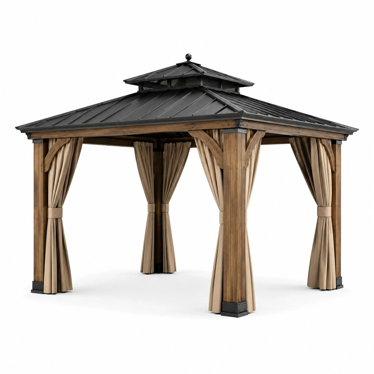 Pavillon en bois et métal avec rideaux en polyester beige