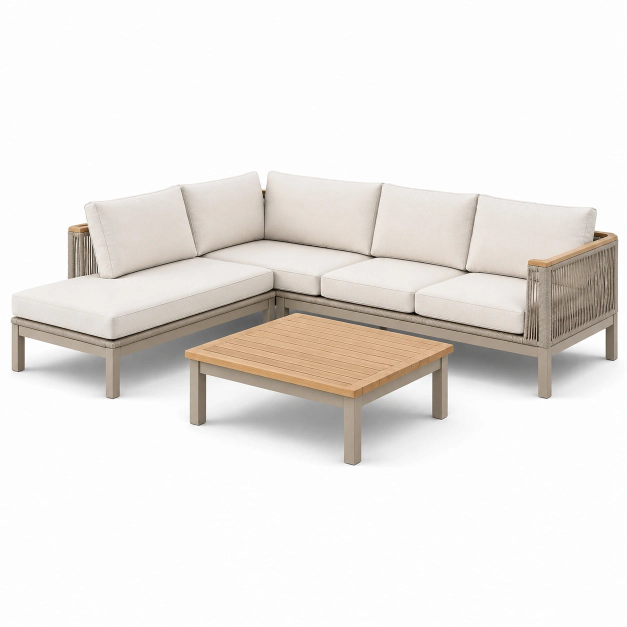 Ensemble canapé d'angle extérieur aluminium et corde avec table basse en teck beige