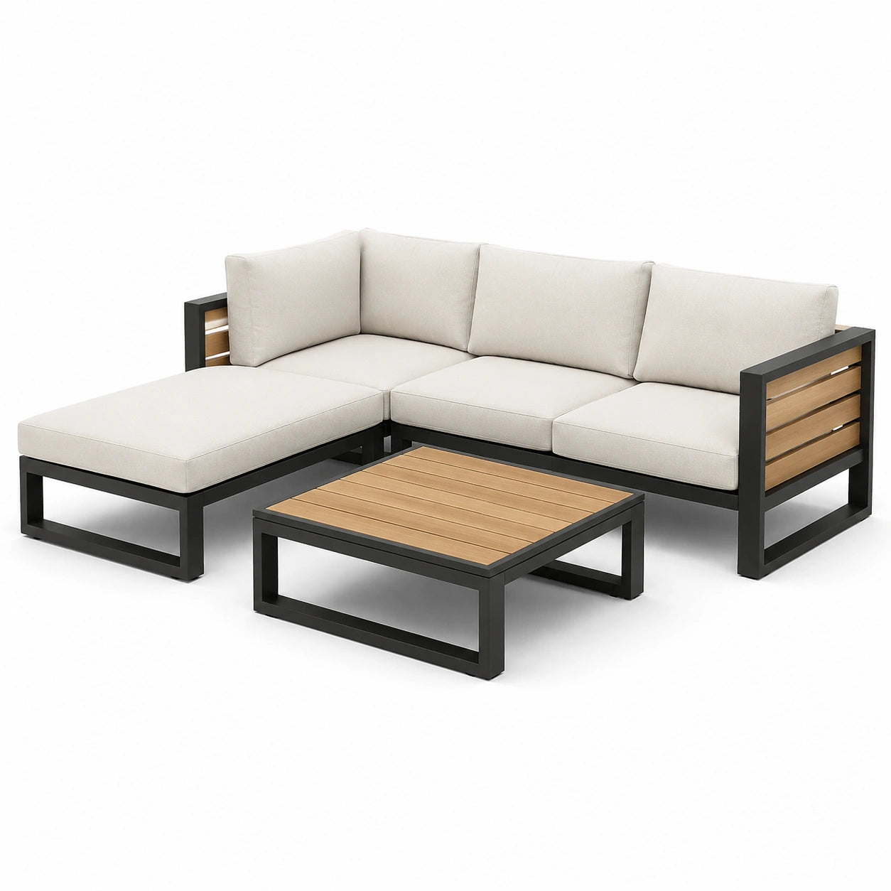 Ensemble de canapé d'angle en aluminium avec bois et coussins en lin beige