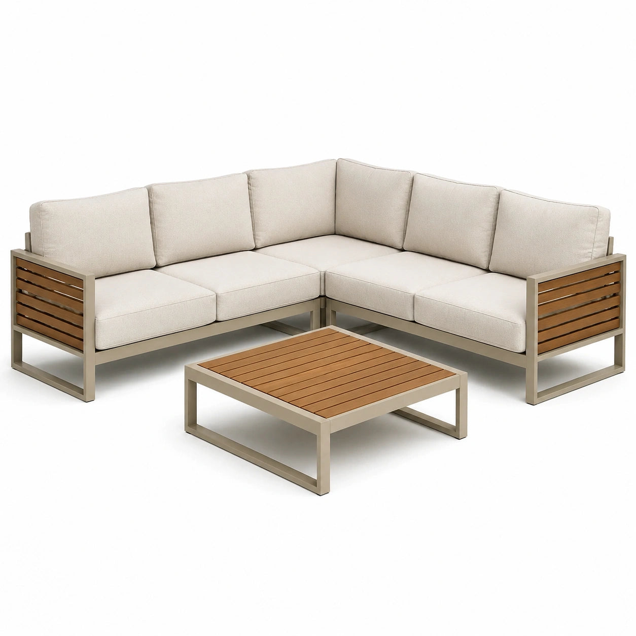 Salon de jardin en aluminium et bois avec canapé d'angle et table basse