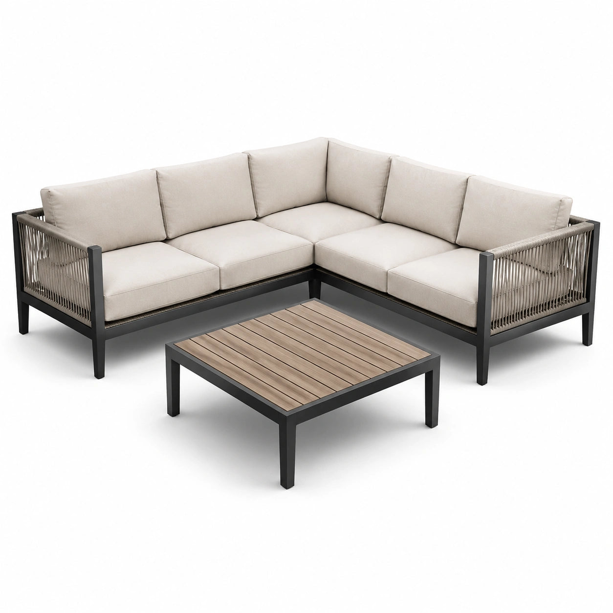 Salon de jardin en bois et aluminium avec coussins beiges