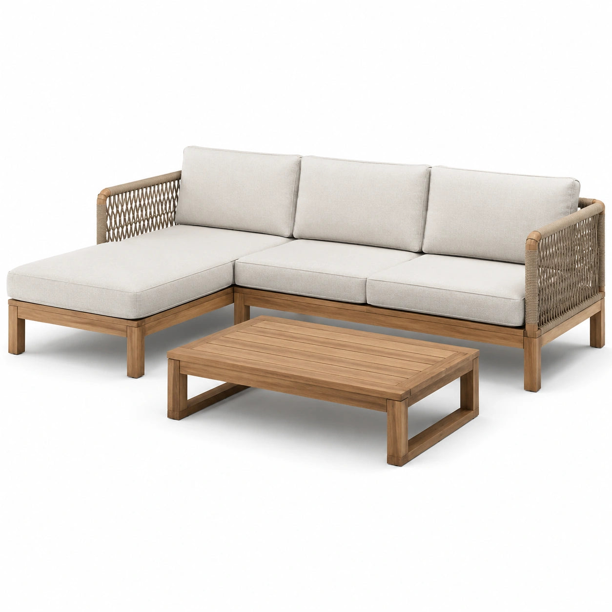 Ensemble canapé d'angle de jardin en bois d'acacia et polycoton gris avec table basse