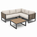 Ensemble salon de jardin d'angle aluminium avec coussins en polyester beige et table basse en bois