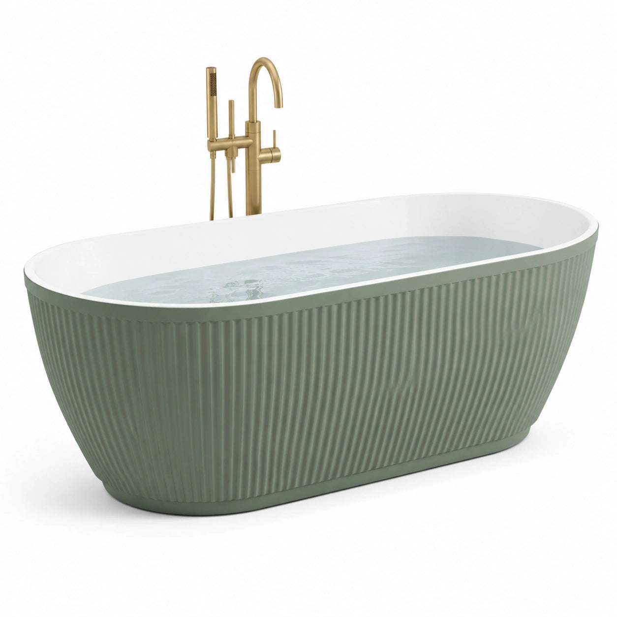 Baignoire îlot en acrylique vert avec robinetterie or 170 cm x 75 cm x 58 cm