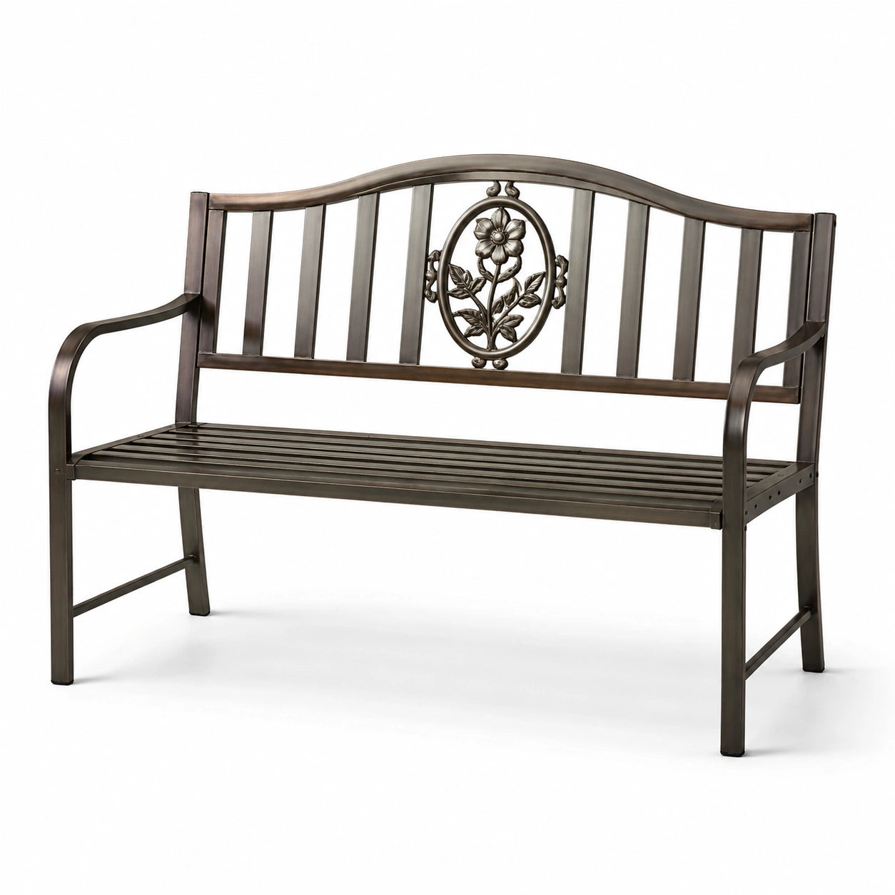 Banc de jardin en métal forgé avec motif floral, 127x60x85 cm, bronze