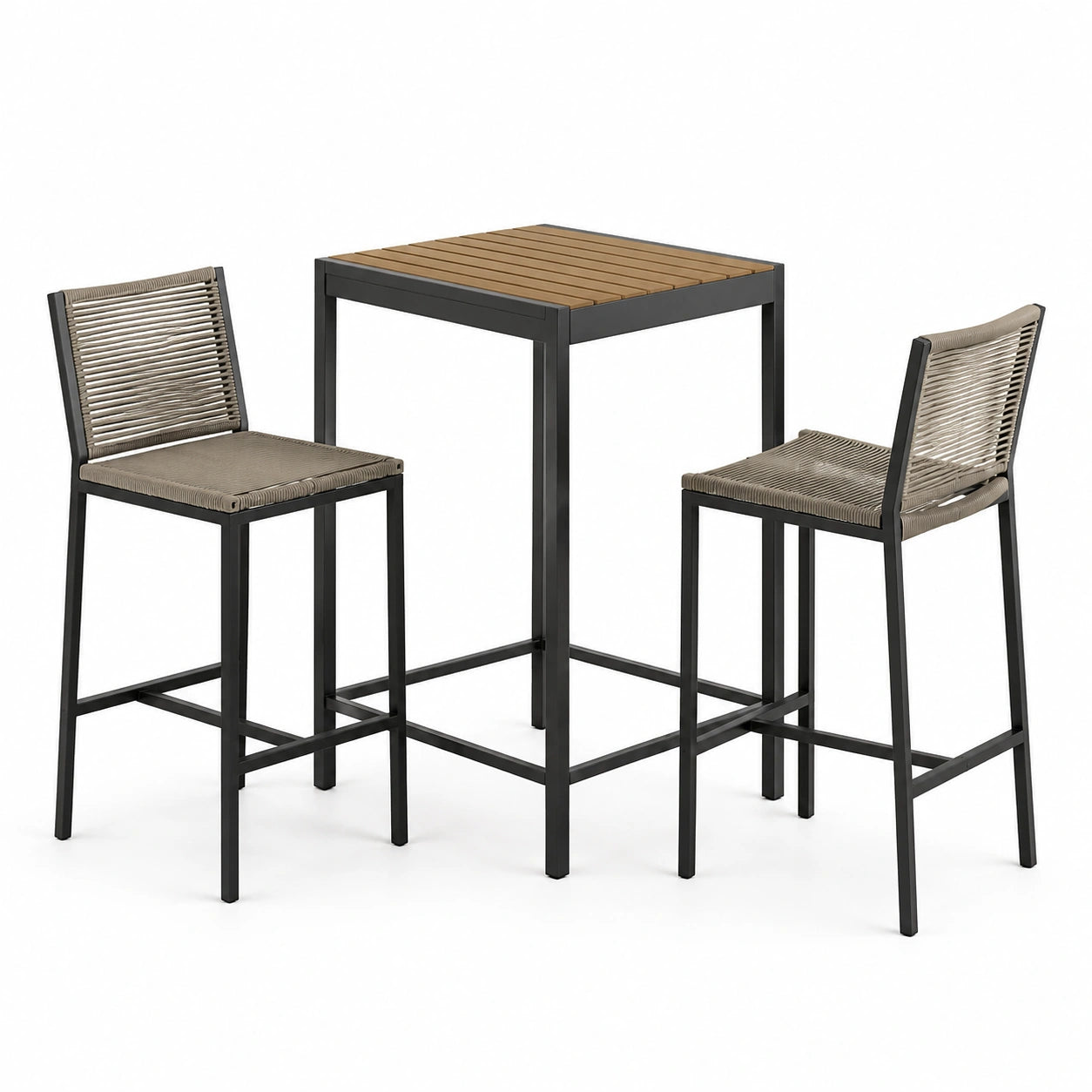 Ensemble table haute en métal noir avec tabourets corde synthétique brun