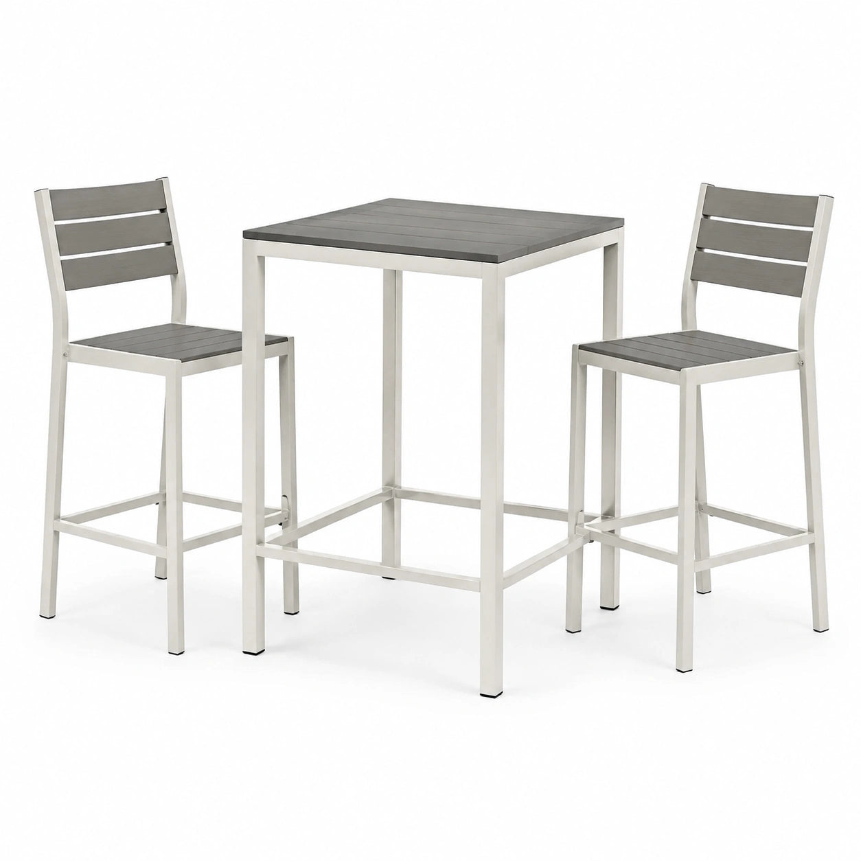 Ensemble table haute et tabourets en acier inoxydable et bois composite gris