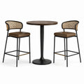 Table haute ronde en bois et métal avec 2 tabourets en rotin brun