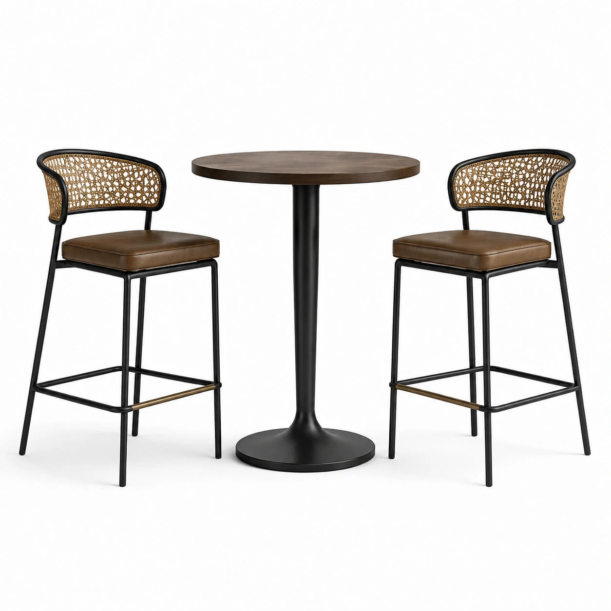 Table haute ronde en bois et métal avec 2 tabourets en rotin brun