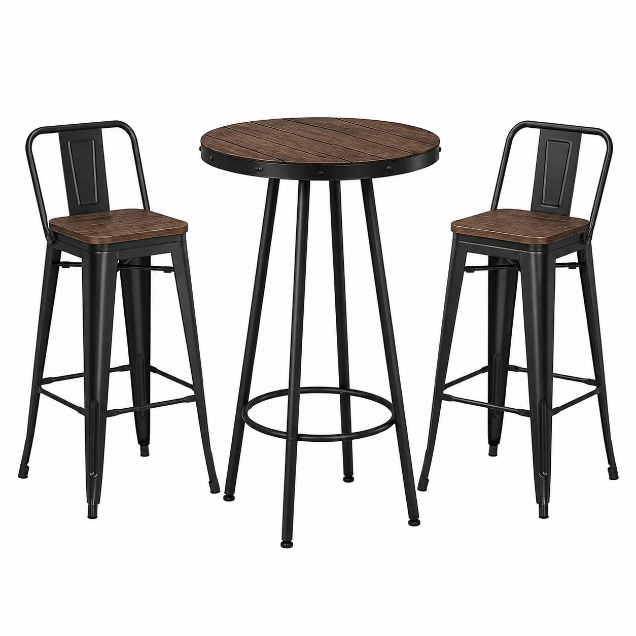 Ensemble table ronde en métal noir et bois avec tabourets