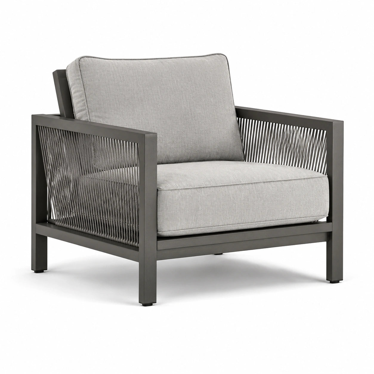 Fauteuil en aluminium et corde polyester avec coussin en tissu gris