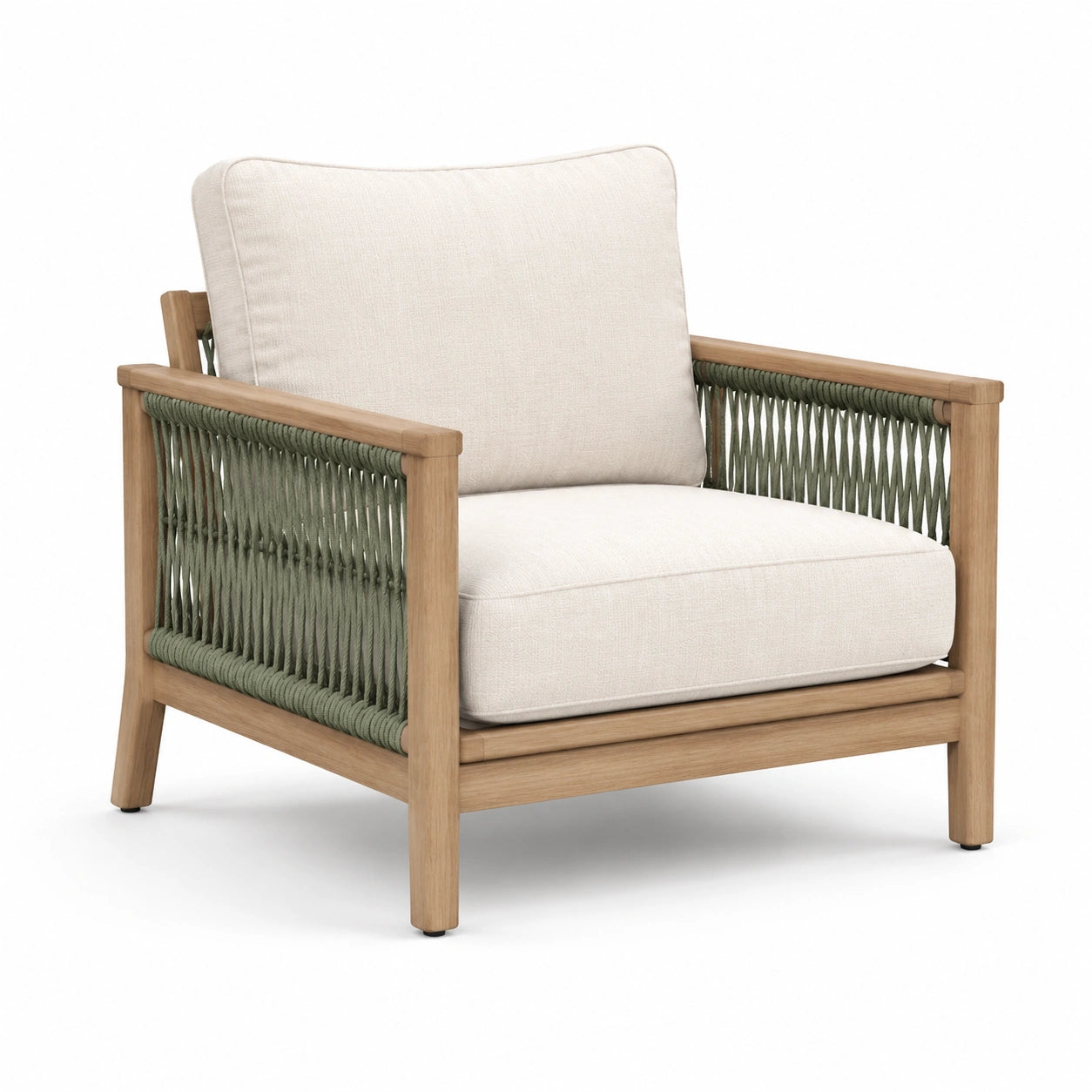 Fauteuil chêne avec coussins en polyester et corde tressée