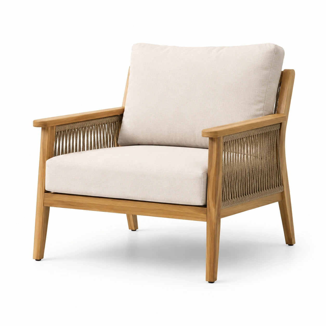 Fauteuil en bois d'acacia avec coussins en polyester et corde tressée beige