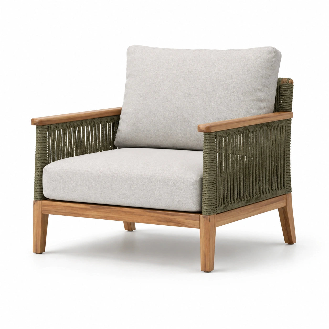 Fauteuil en teck et corde avec coussins beiges
