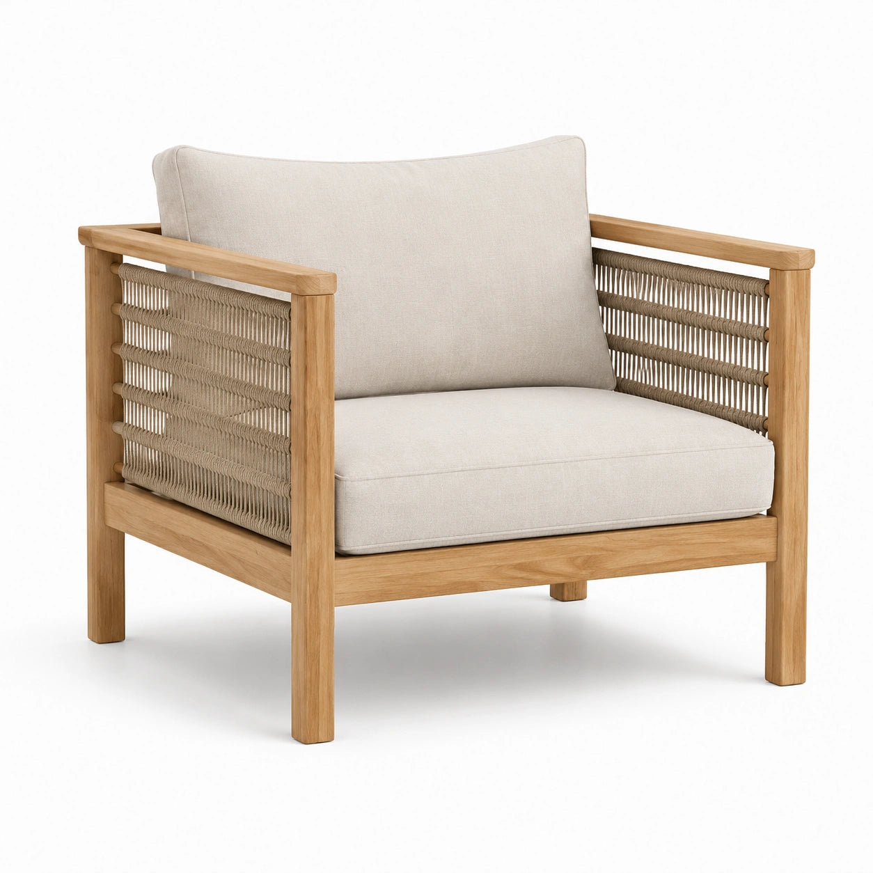 Fauteuil en bois avec corde tressée et coussins en lin beige