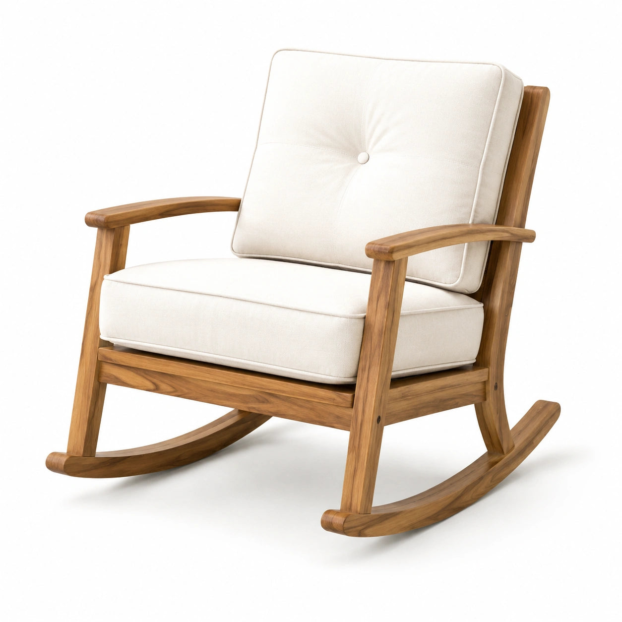 Fauteuil à bascule en bois de teck et tissu beige