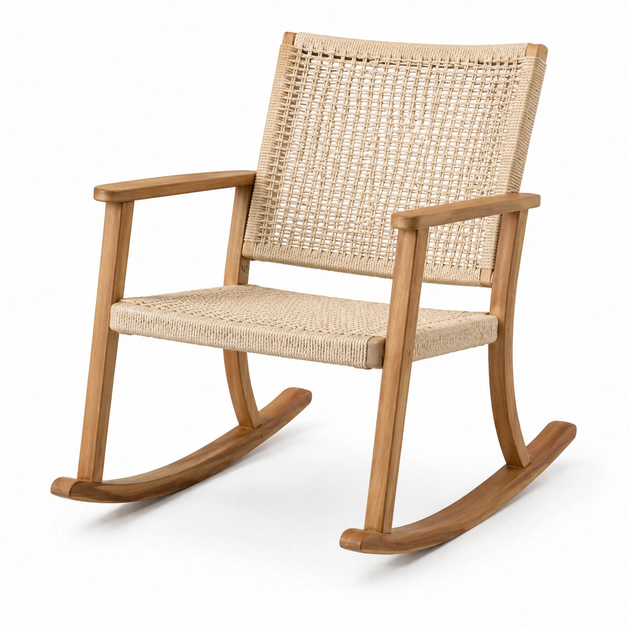 Fauteuil à bascule en bois et corde beige