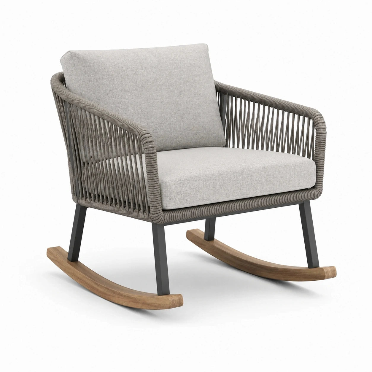 Fauteuil à bascule en corde, aluminium et tissu gris