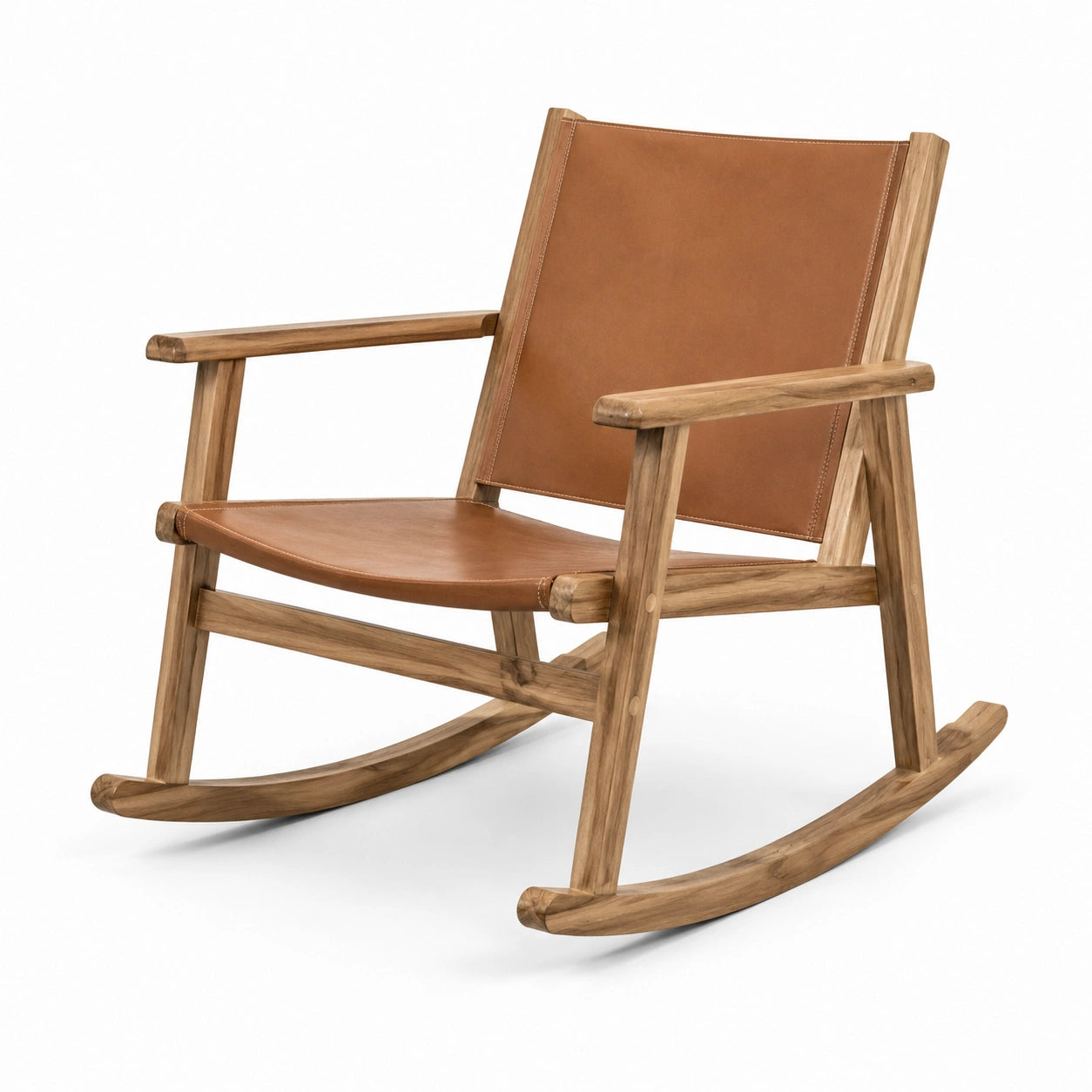 Chaise à bascule en bois et cuir marron