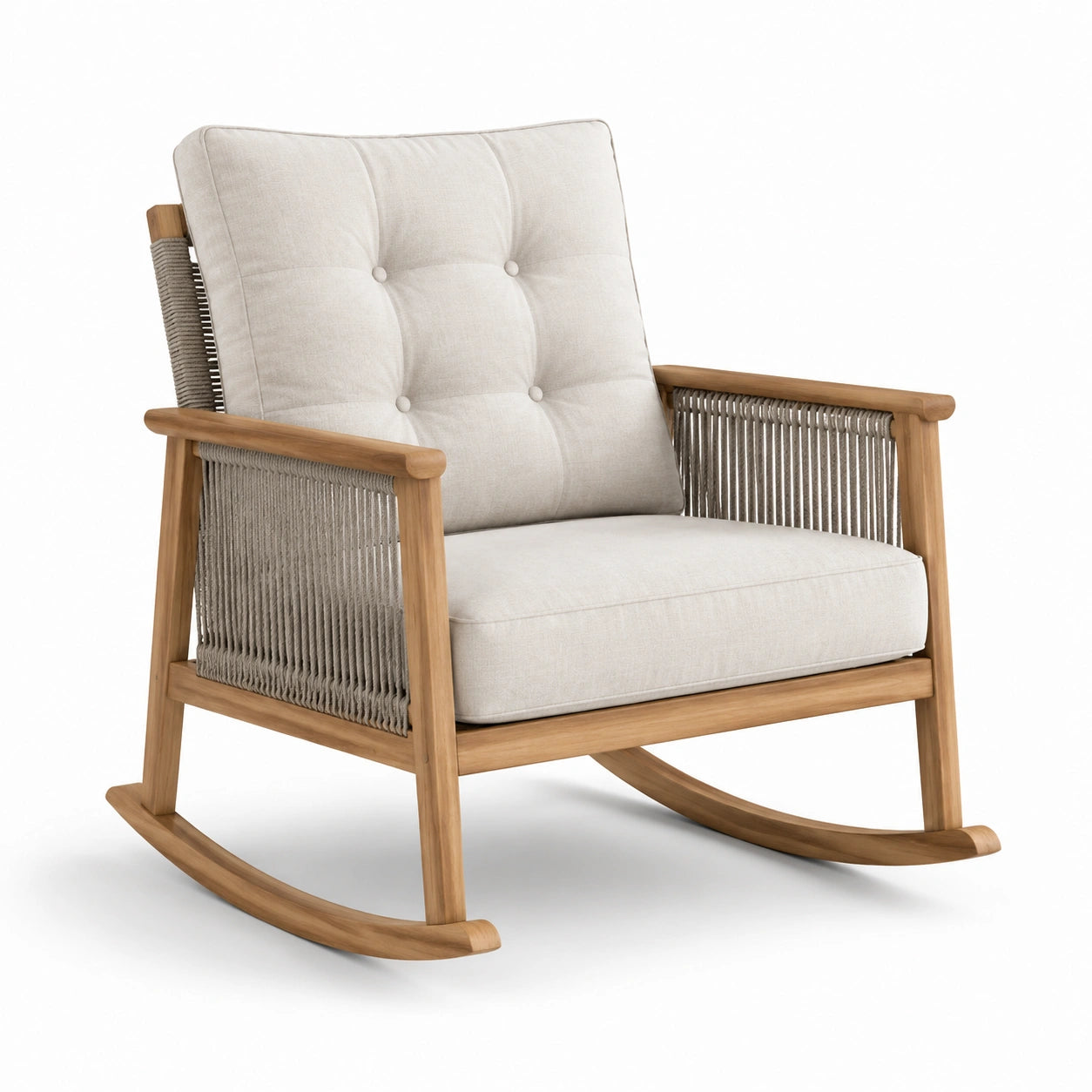Fauteuil à bascule en bois avec coussins en polyester beige
