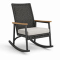 Fauteuil à bascule en résine tressée noire avec accoudoirs en bois et cadre en métal