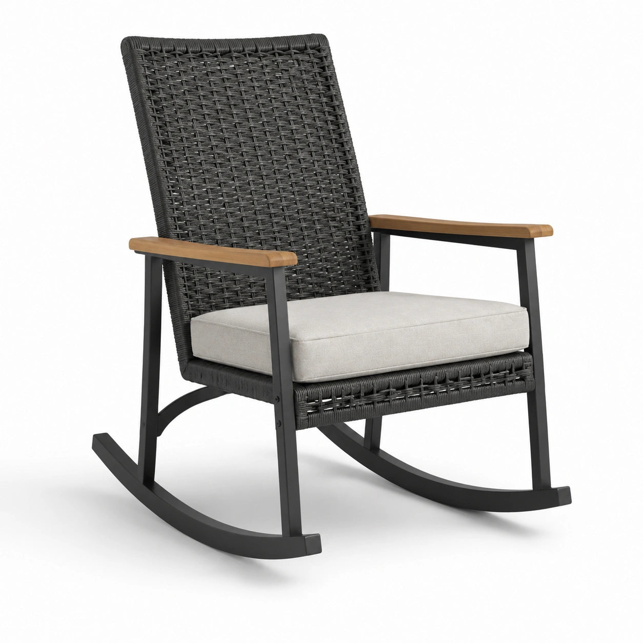 Fauteuil à bascule en résine tressée noire avec accoudoirs en bois et cadre en métal
